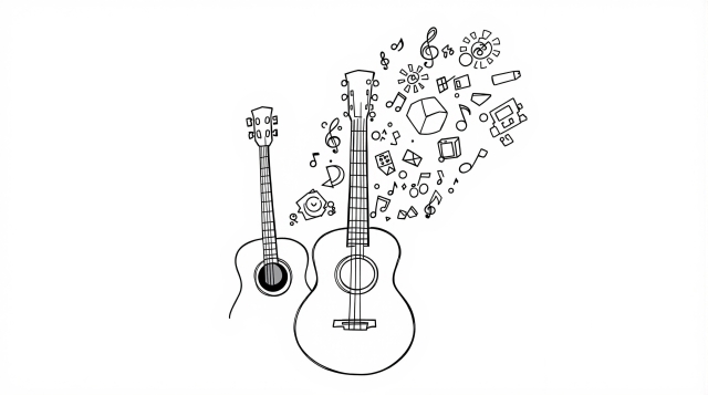 2本のアコースティックギターと音符や幾何学模様が舞い上がる、遊び心あふれる大人の塗り絵
