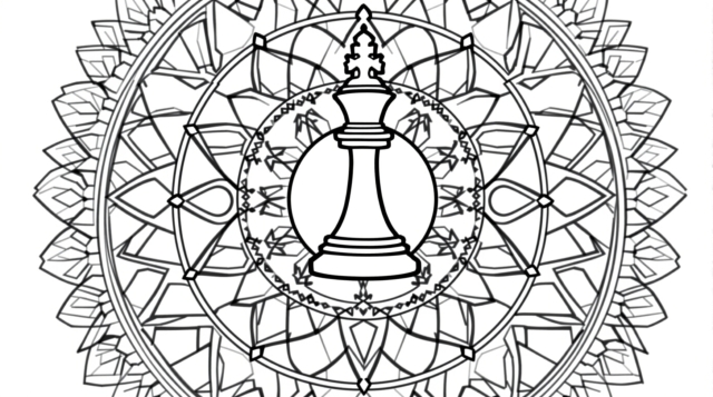 Monimutkainen shakki-mandala-väritysivu, jossa keskellä on tornin nappula ja sitä ympäröi monimutkaisia geometrisia kuvioita ja koristeellisia kelttiläistyylisiä kuvioita.
