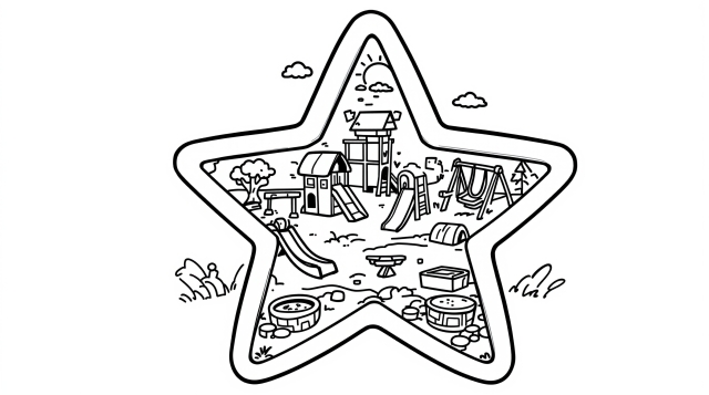 A whimsical castle-themed playground coloring page set within a dimensional three-dimensional star border.