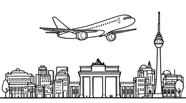A commercial airplane flying over Berlin's iconic skyline featuring Brandenburg Gate and TV Tower in simple line art style.