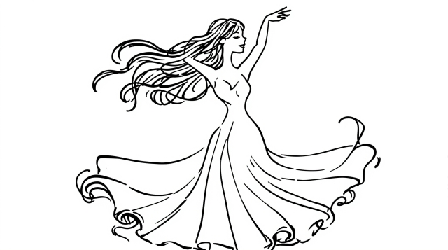 En farveside med en yndefuld dansende kvinde med elegante flydende bevægelser og dekorative spiraler.