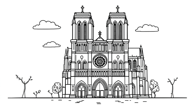 ノートルダム大聖堂の塗り絵 - 双塔とゴシック建築が美しいミニマルな線画デザイン