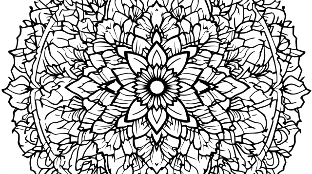 Monimutkainen kukkamandala väritysivu, jossa on kerrostettuja terälehtiä ja koristeellisia kuvioita täydellisessä symmetriassa.
