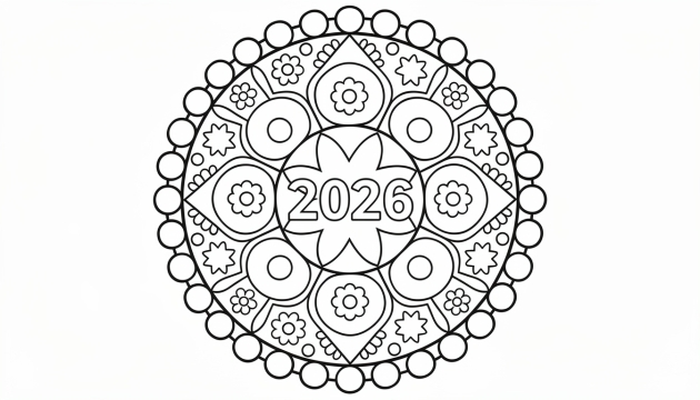 Kalın 2026 sayıları ve basit geometrik desenlerle başlangıç seviyesi Yeni Yıl mandalası.