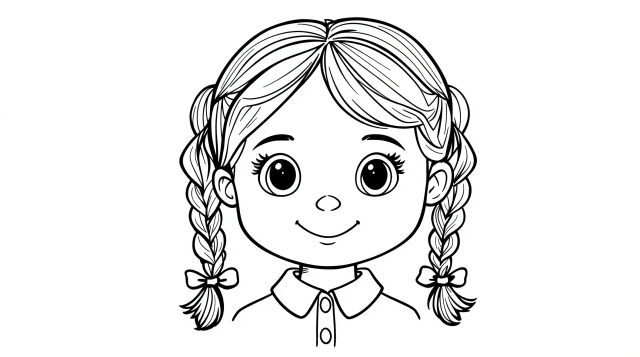 En charmerende Pinterest-stil farvelægningsside med en ung pige med flettede hestehaler.