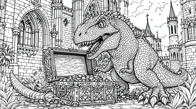 中世の城で財宝を守るティラノサウルス・レックスの緻密な大人の塗り絵