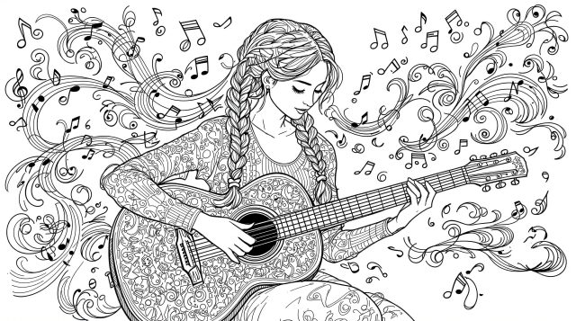 流れる音符と装飾的な渦巻き模様に囲まれてアコースティックギターを弾く、精巧な三つ編みおさげ髪の洗練された若い女性