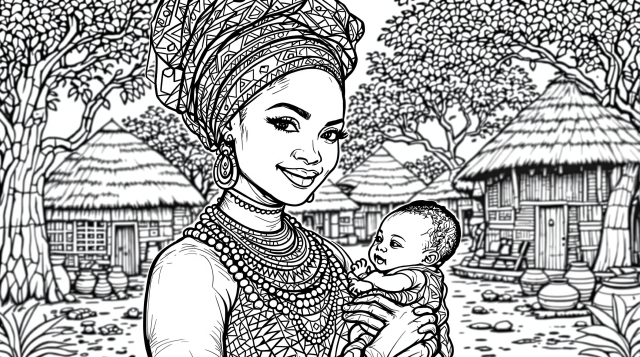 アフリカの母子と伝統的な村の風景を描いた大人の塗り絵 - 精緻な文化的デザイン