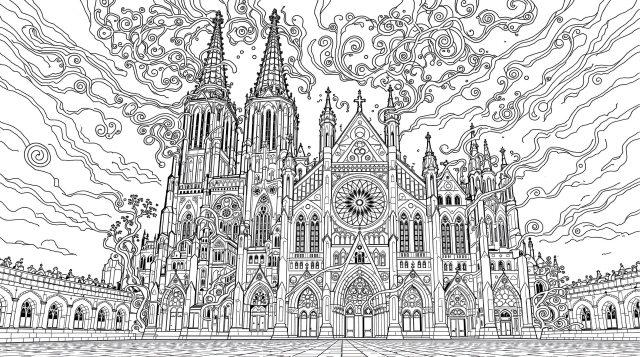 ケルン大聖堂の精密な大人の塗り絵 - 生命力あふれるゴシック建築と有機的な装飾デザイン