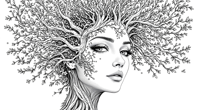女性の顔と樹木が融合した幻想的なボタニカルアート - 繊細な線画の大人の塗り絵