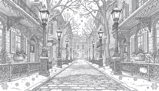 An intricate winter street scene coloring page features Victorian gas lanterns lining cobblestone streets with ornate buildings and snow-covered trees.