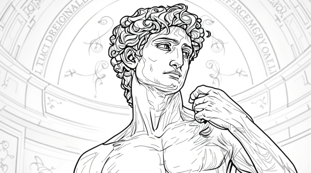 ミケランジェロのダビデ像の大人の塗り絵 - ルネサンス様式の精緻な解剖学的デザイン