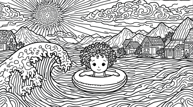 En lunefuld glasmaleri farveside med en lille pige, der svømmer med en oppustelig ring i detaljerede havbølger.