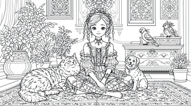 A young girl in Victorian dress plays with her beloved pets in an elegantly decorated room.
