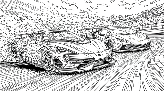 An advanced coloring page featuring a Koenigsegg Jesko and Lamborghini Huracan racing through a dramatic turn at a professional racing circuit.