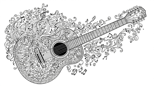En intrikat akustisk gitarr målarbok med flödande musiksymboler och utsmyckade dekorativa mönster.