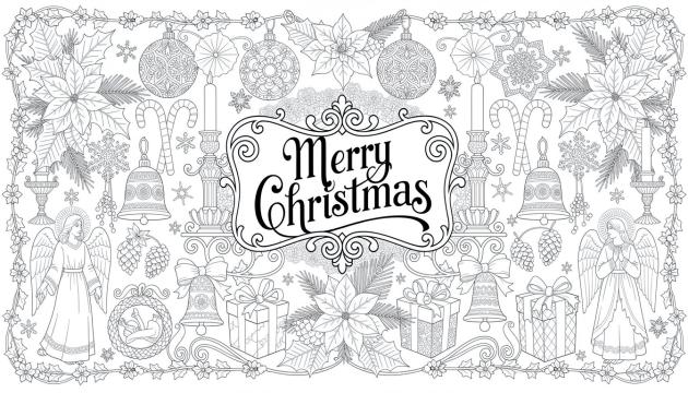 Une page de coloriage élaborée pour adultes avec la calligraphie Joyeux Noël entourée de poinsettias complexes, décorations, anges et éléments festifs décoratifs.