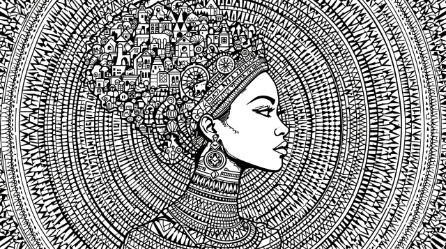 アフリカの母をテーマにした大人の塗り絵 - 幾何学模様とアフリカ建築が融合した優雅な横顔の女性ポートレート