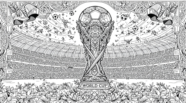 豪華なワールドカップトロフィーとスタジアムの塗り絵 - 植物装飾が彩る精密デザイン