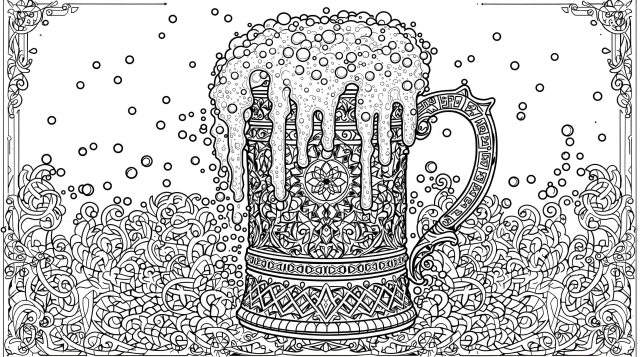 泡があふれ出す華麗な装飾ビアジョッキの繊細な大人の塗り絵デザイン