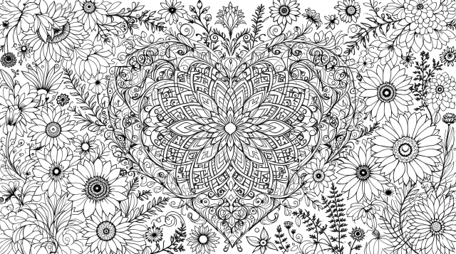 En intrikat blomsterfarvelægningsside med et mandala-hjerte omgivet af stiliserede blomster og dekorative sommerfugle.