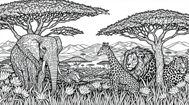 アフリカンサファリのぬりえ