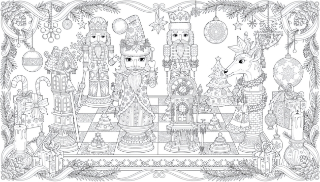 An intricate Christmas nutcracker display coloring page featuring ornate nutcracker soldiers, decorative reindeer, and festive holiday decorations on a detailed mantelpiece arrangement.
