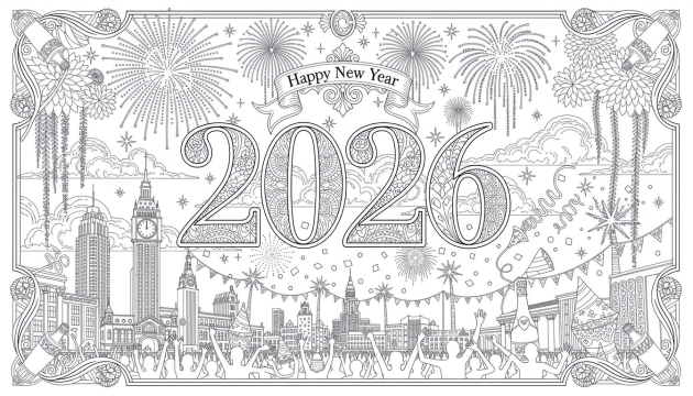 En detaljerad svartvit linjekonst målarbok som firar nyår 2020 med explosiva fyrverkerier över ikoniska landmärken inklusive Eiffeltornet, Big Ben och Empire State Building.
