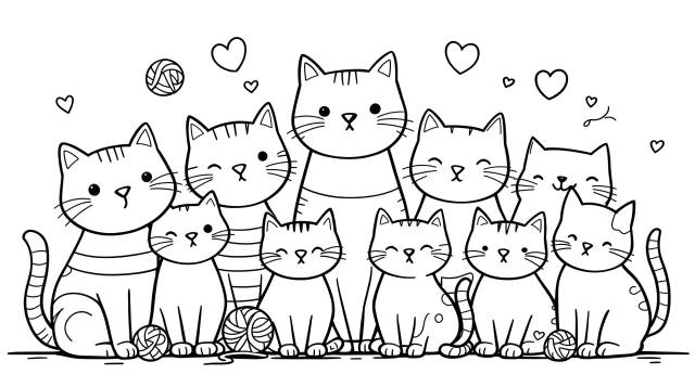 En charmerende farvelægningsside med søde katte der viser ti bedårende katte arrangeret i gruppeportræt-stil.