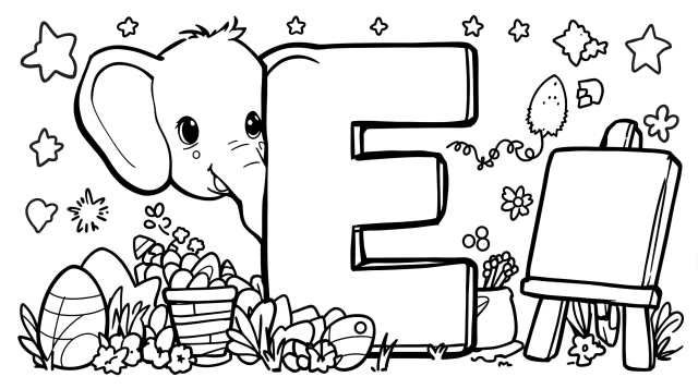 アルファベットEの塗り絵 - ゾウ・卵・イーゼルのかわいいイラスト入り初心者向けデザイン