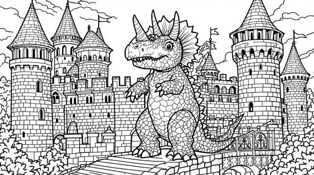 A detailed dragon coloring page standing between two medieval castles with intricate spiky crest and stone architecture.