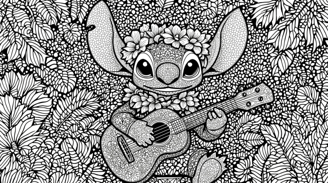 An intricate Stitch character coloring page featuring detailed floral crown and complex zentangle patterns throughout.