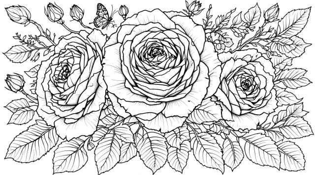 リアルなバラの塗り絵 - 様々な開花段階の薔薇と繊細な葉の詳細を描いた本格的なボタニカルアート