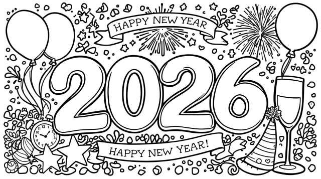 Une page de coloriage festive de célébration du Nouvel An 2026 avec des chiffres bulles surdimensionnés, des éléments de fête et des bannières décoratives.