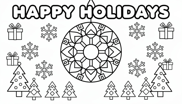 Una página para colorear zen geométrica de Felices Fiestas con adornos de mandala, copos de nieve y árboles de Navidad con contornos gruesos para colorear adultos fácilmente.