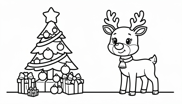 Un renne joyeux debout à côté d'un sapin de Noël décoré dans ce coloriage facile pour débutants.