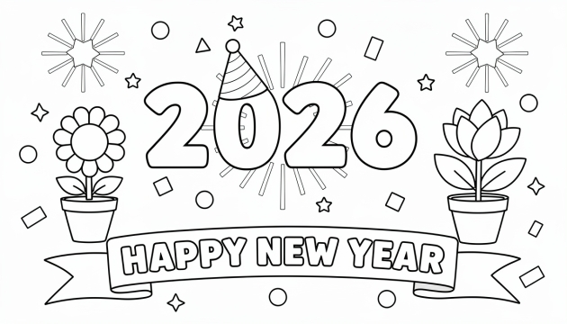 En festlig nyårsmålarsida för 2026 med stora bubblor siffror, fyrverkerier, krukväxter och festdekorationer med tjocka svarta konturer.