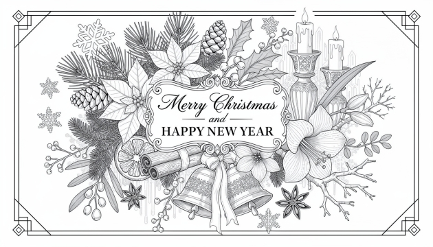 Une élégante page de coloriage Joyeux Noël et Bonne Année présente une calligraphie ornementale entourée d'éléments botaniques hivernaux réalistes en dessin au trait sophistiqué.