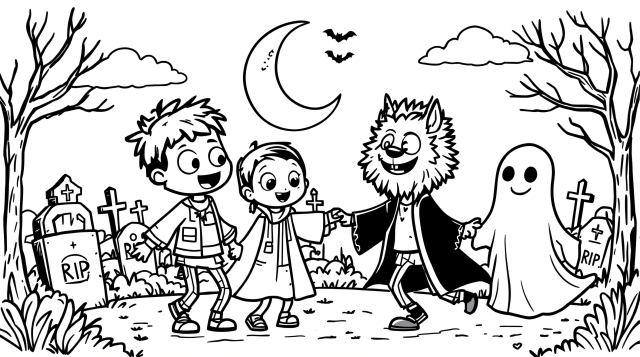 仲良しモンスター4体が墓地で楽しく踊るハロウィン塗り絵