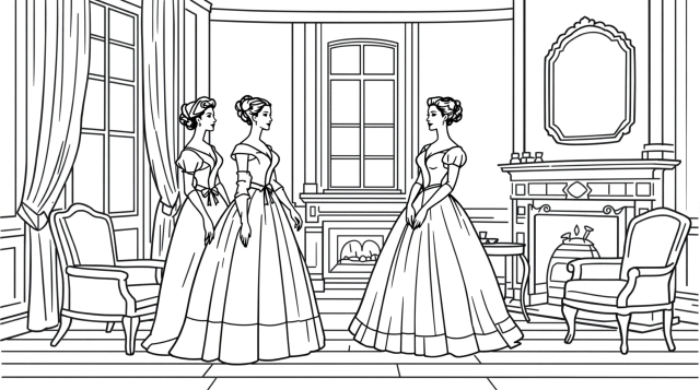 優雅なヴィクトリア朝の応接間で美しいドレスを着た3人の女性の塗り絵