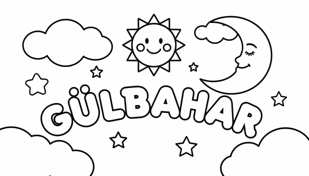 En glad himmeltemamålarsida med namnet GÜLBAHAR med dekorativ sol, måne, stjärnor och moln.