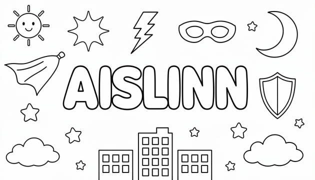 En superhjälte-färgläggningssida med namnet AISLINN i djärva bubblabokstäver omgivna av serietidningselement.