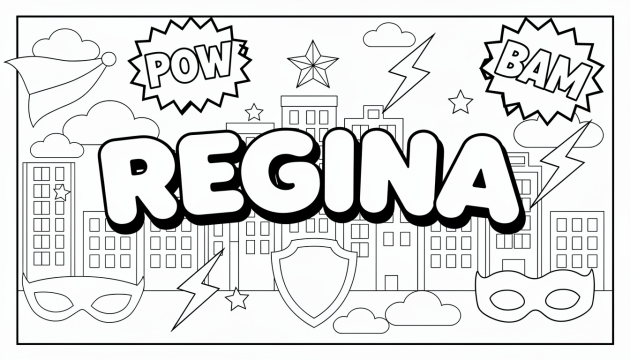 En superhjälte-tema målarbok med namnet REGINA i tjocka bubbelbokstäver omgivna av serietidningselement.