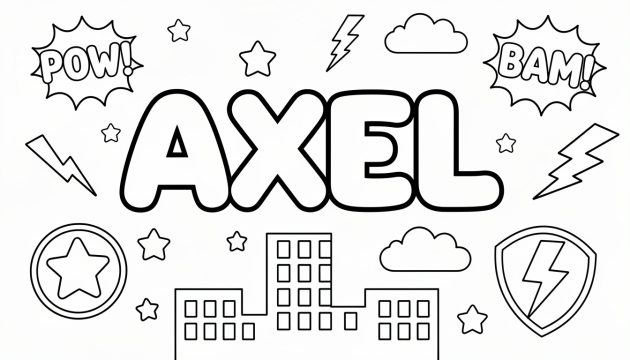 En superhjältetema färgläggningssida med namnet AXEL i djärva bubbeltyper med serieexplosioner och stadssiluett.