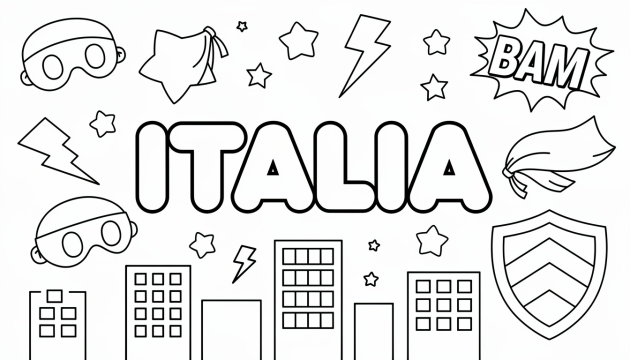 En superhjälte-målarsida med namnet ITALIA i stora bokstäver omgiven av masker, stjärnor och blixtar.