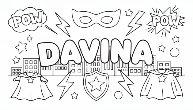 En personlig målarbok med namnet DAVINA omgiven av superhjältetema inklusive masker, mantlar och stadssiluett.
