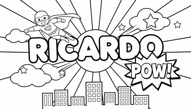En superhjälte-färgläggningssida med namnet RICARDO i bubbelstil med serietidningselement och en flygande hjältefigur.