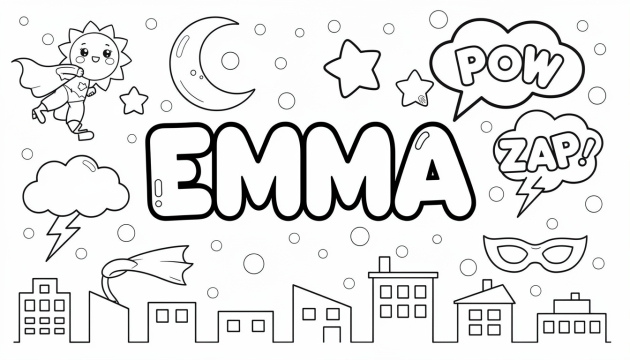 En personlig färgläggningssida med namnet EMMA i stora bubbeltyper och superhjältedekorativa element.