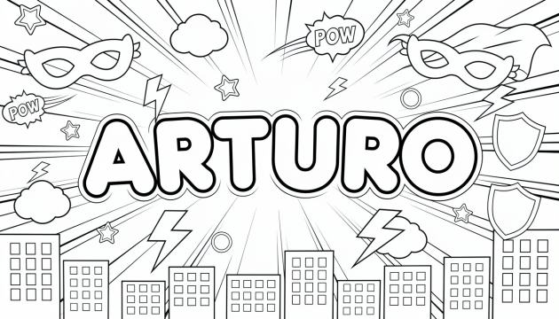 En dynamisk superhjälte-färgläggningssida med det djärva namnet ARTURO omgivet av masker, actionbursts och serietidningselement.