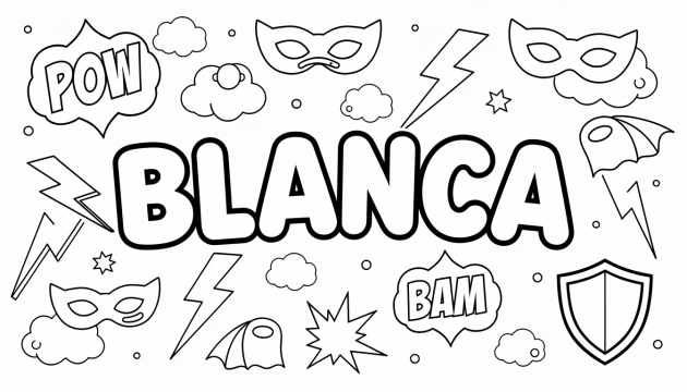 En superhjälte-tema färgläggningssida med namnet BLANCA i feta bubblabokstäver med masker, blixtar och action-ord.